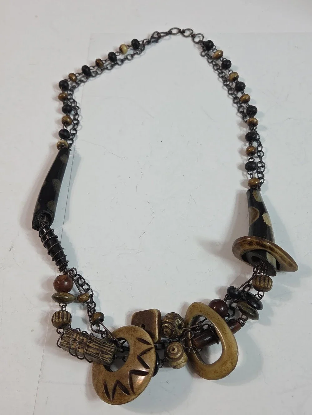 Boho Bone Wood Carved Beaded Brown Statement Necklace Ethnic African Tribal